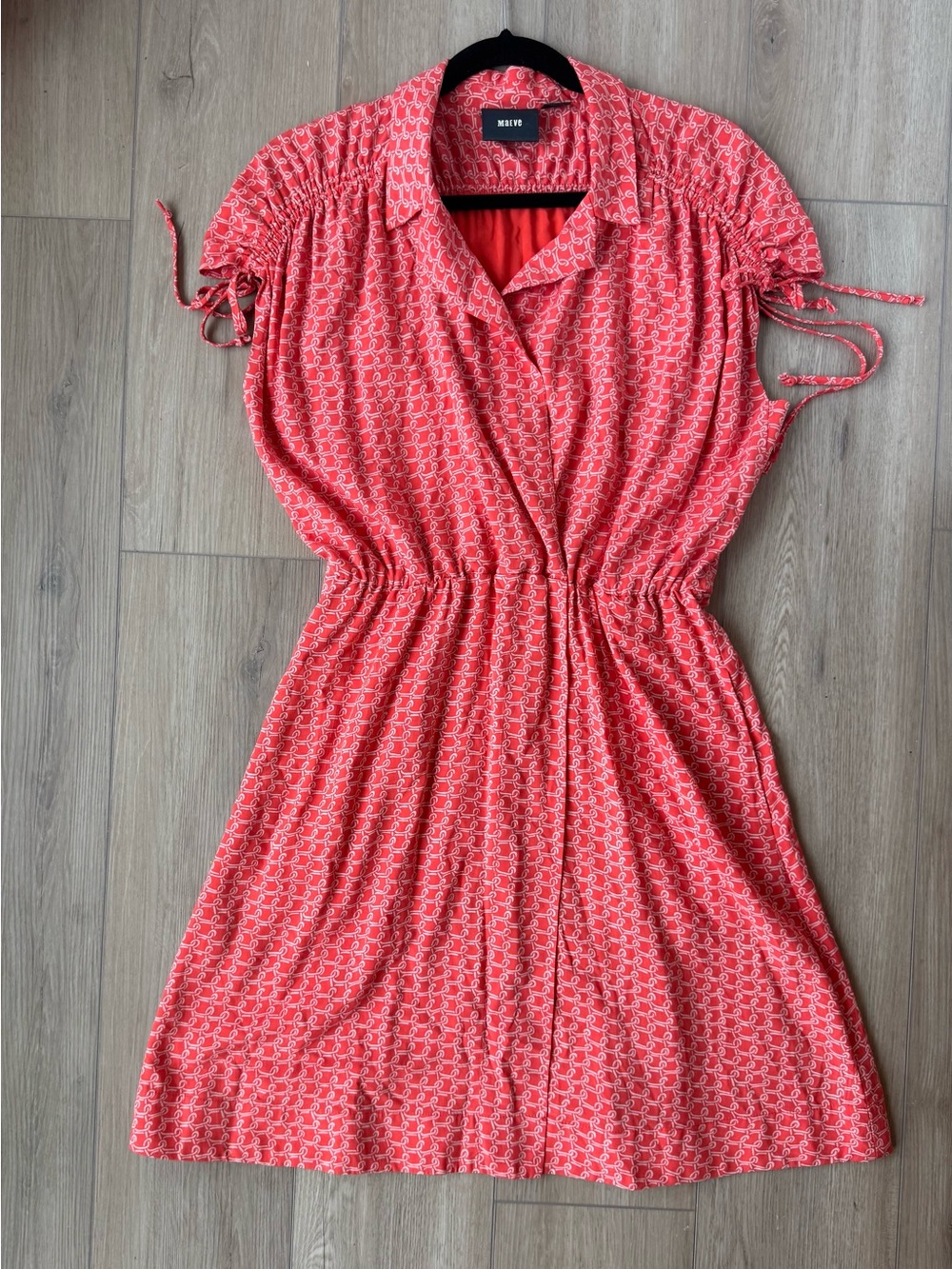 Anthro Maeve Carlotta Ruched Shirtdress Coral Print Tie Sleeve Sz S EUC flirty - Picture 6 of 16